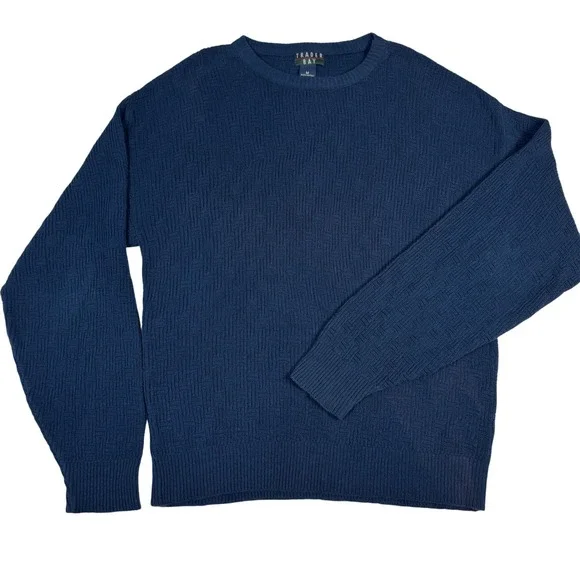 VTG Trader Bay Men M Texture Pattern Knit Crew Neck Sweater Blue Cotton USA 90s - Picture 1 of 10